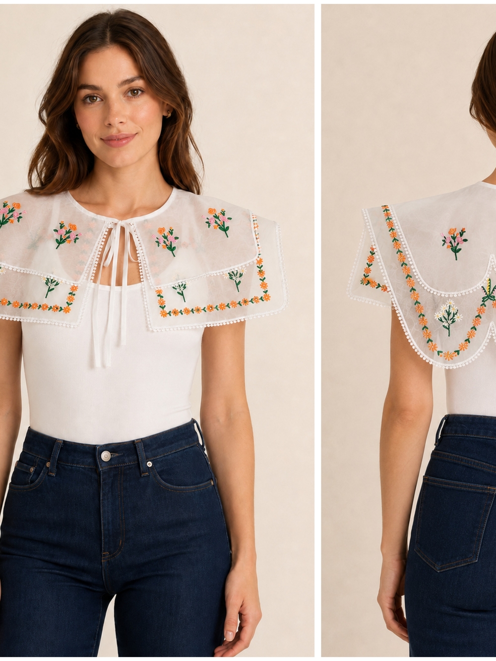 House Of Harlow 1960, Embroidered Floral Detachable Collar Top - White, NWT